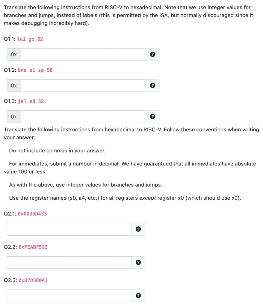 Translate The Following Instructions From Risc V To Hexadecimal Note That We Use Integer Values For Branches And Jumps 1