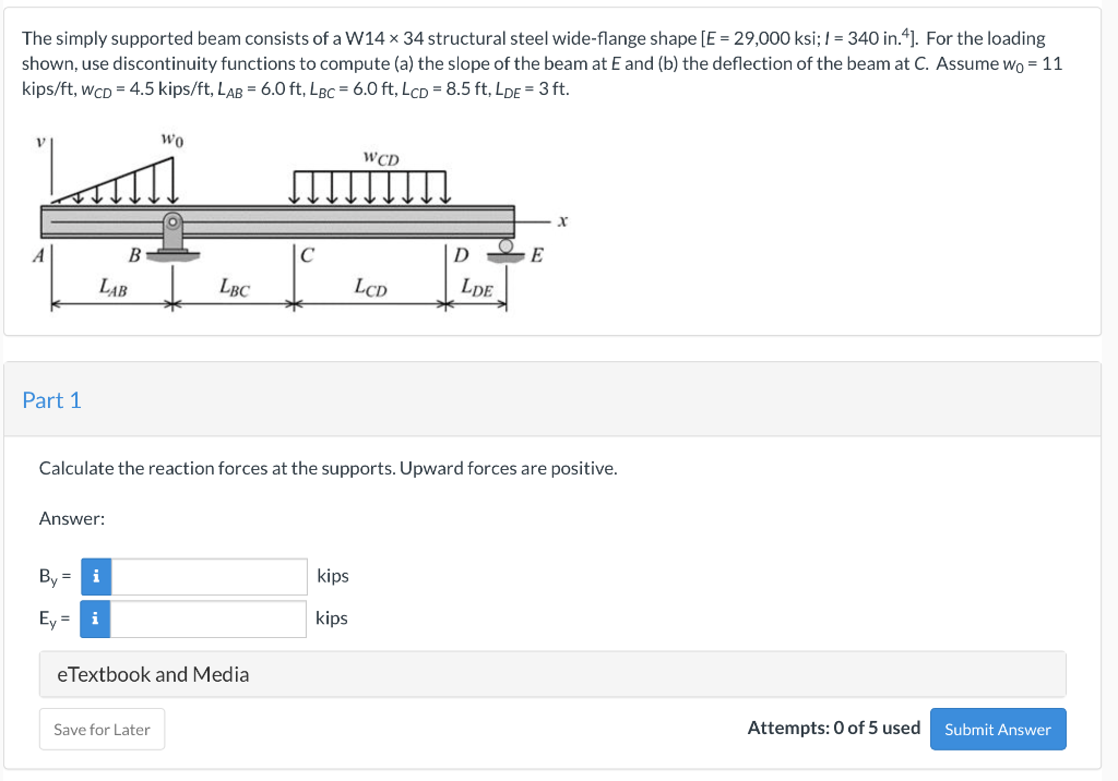 The Simply Supported Beam Consists Of A W14 X 34 Structural Steel Wide Flange Shape E 29 000 Ksi 1 340 In 4 For 1