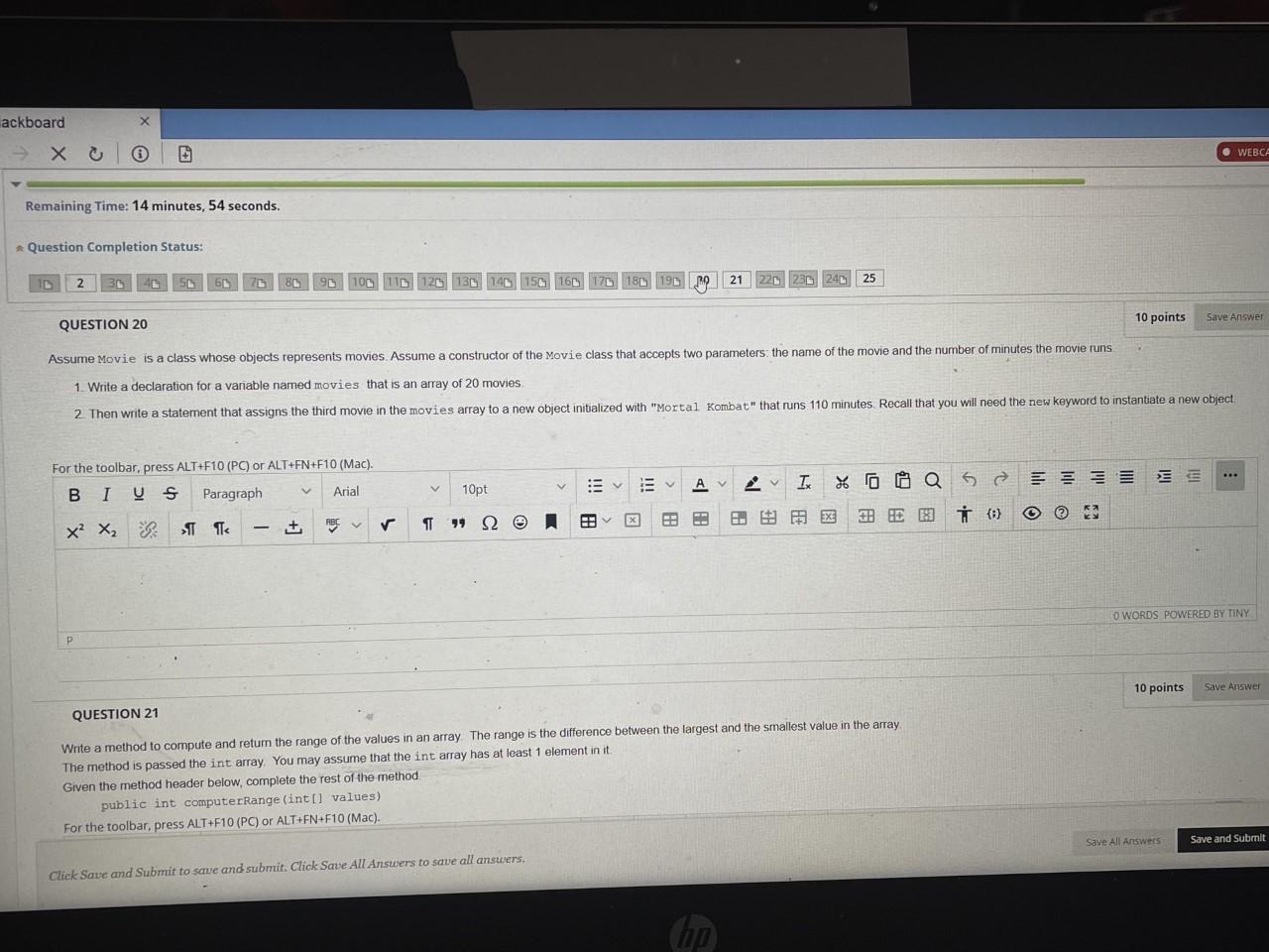 Ackboard X O Remaining Time 14 Minutes 54 Seconds Question Completion Status 10 2 30 P 50 60 76 80 90 10 11 12 13 1