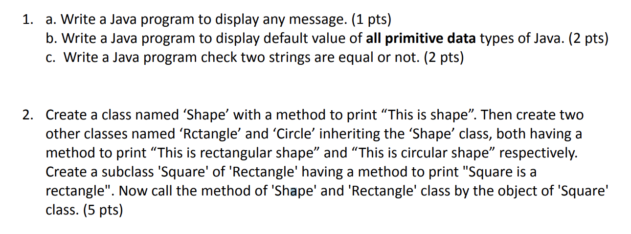 1 A Write A Java Program To Display Any Message 1 Pts B Write A Java Program To Display Default Value Of All Primi 1