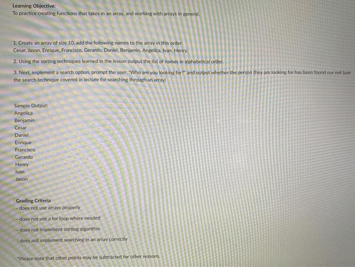 Learning Objective To Practice Creating Functions That Takes In An Array And Working With Arrays In General 1 Create 1