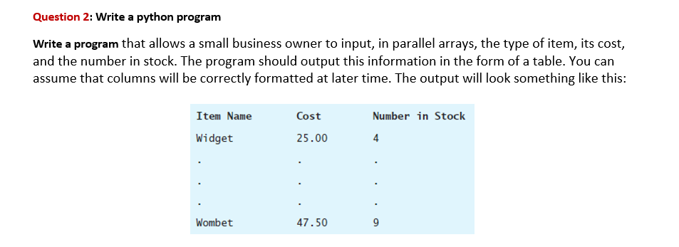Question 2 Write A Python Program Write A Program That Allows A Small Business Owner To Input In Parallel Arrays The 1