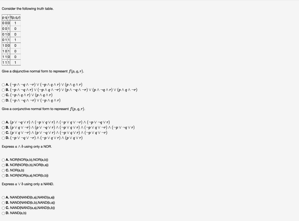 Consider The Following Truth Table Pqrf P Q R 000 1 001 0 010 0 011 1 100 0 101 0 110 0 111 1 Give A Disjunctive Norma 1