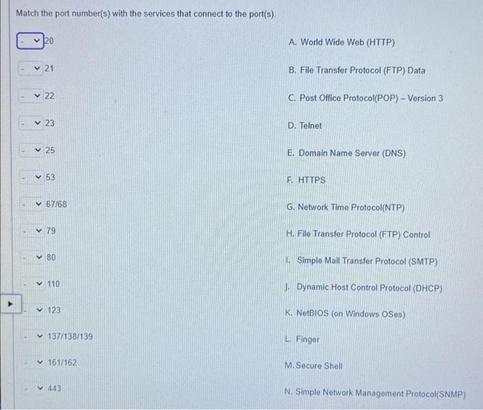 Match The Port Number S With The Services That Connect To The Port S 20 21 22 23 25 53 67 68 79 80 110 123 13 1