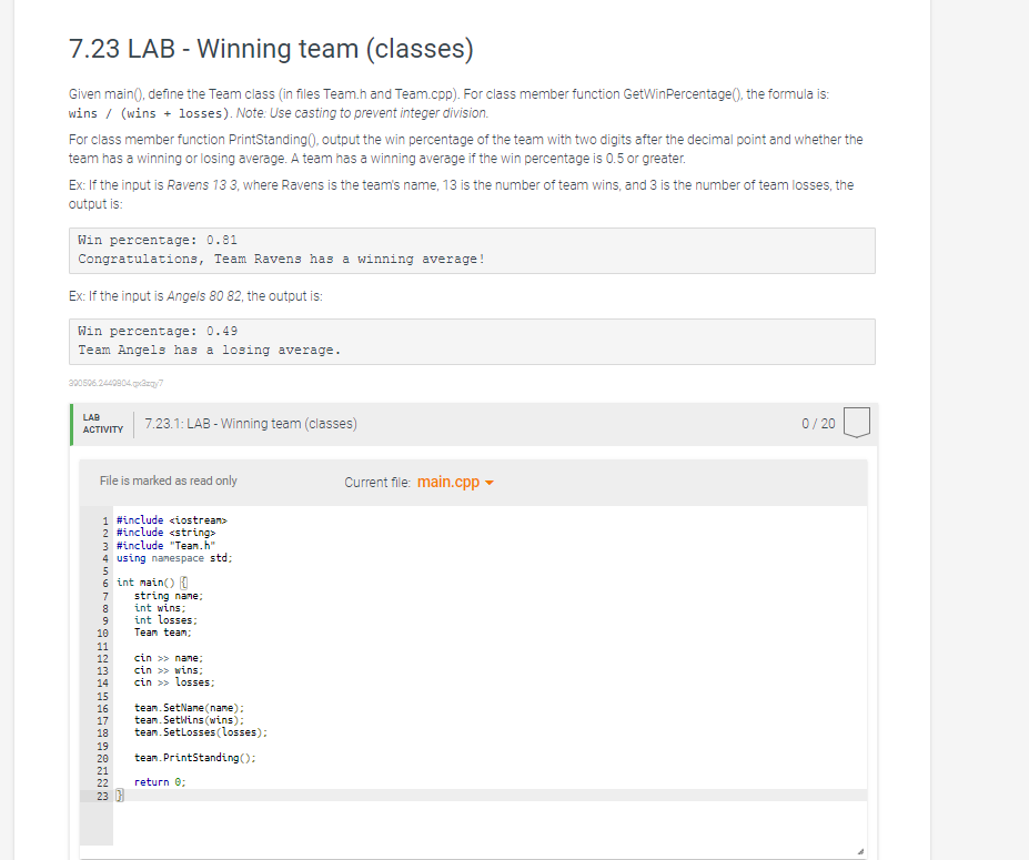 7 23 Lab Winning Team Classes Given Main Define The Team Class In Files Team H And Team Cpp For Class Member F 1