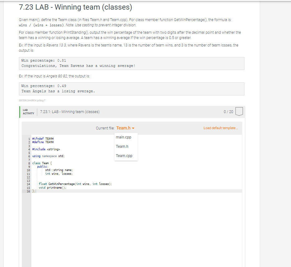 7 23 Lab Winning Team Classes Given Main Define The Team Class In Files Team H And Team Cpp For Class Member F 2