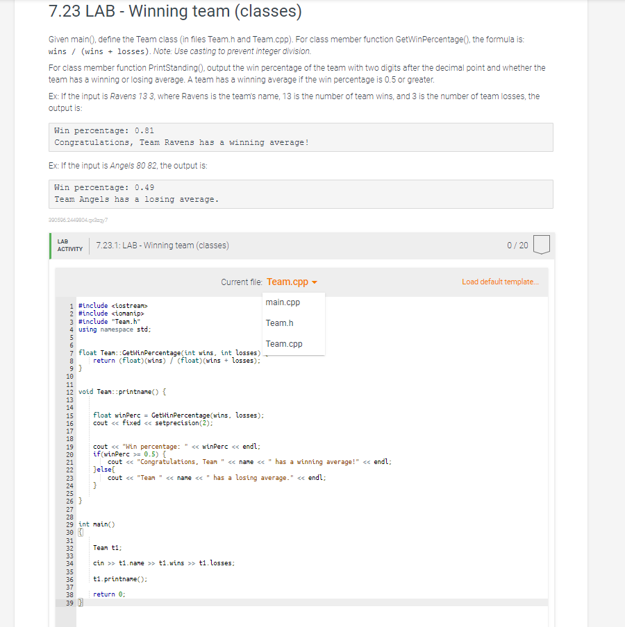 7 23 Lab Winning Team Classes Given Main Define The Team Class In Files Team H And Team Cpp For Class Member F 3