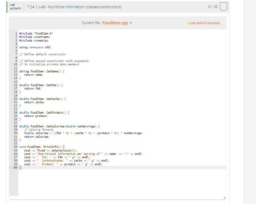 7 24 Lab Nutritional Information Classes Constructors Given Main Complete The Fooditem Class In Files Foodltem H 2