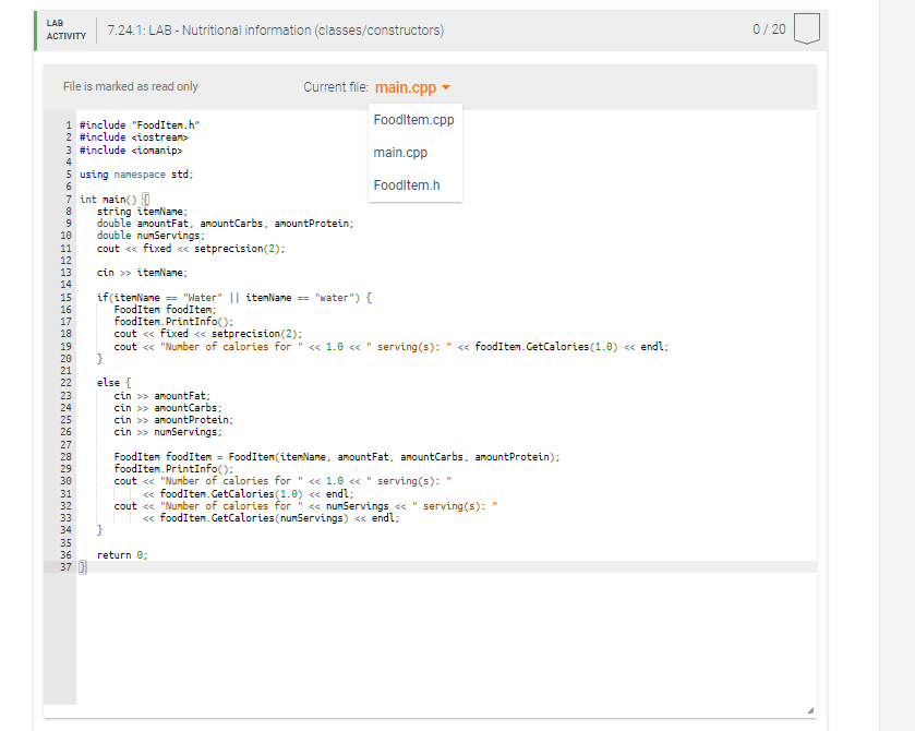7 24 Lab Nutritional Information Classes Constructors Given Main Complete The Fooditem Class In Files Foodltem H 3