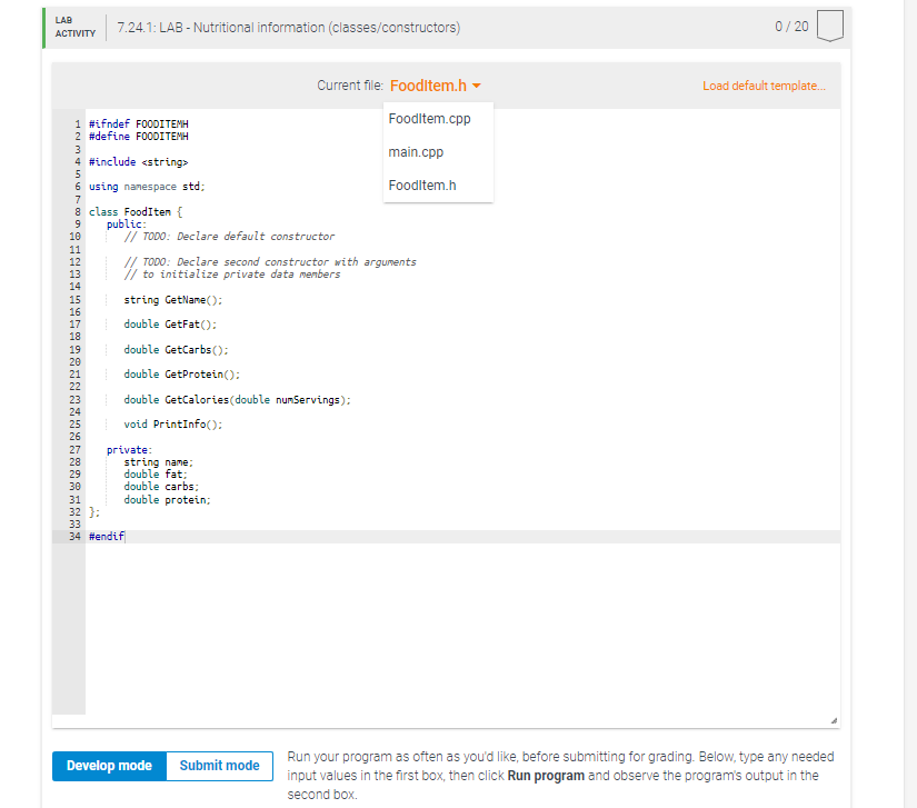 7 24 Lab Nutritional Information Classes Constructors Given Main Complete The Fooditem Class In Files Foodltem H 4