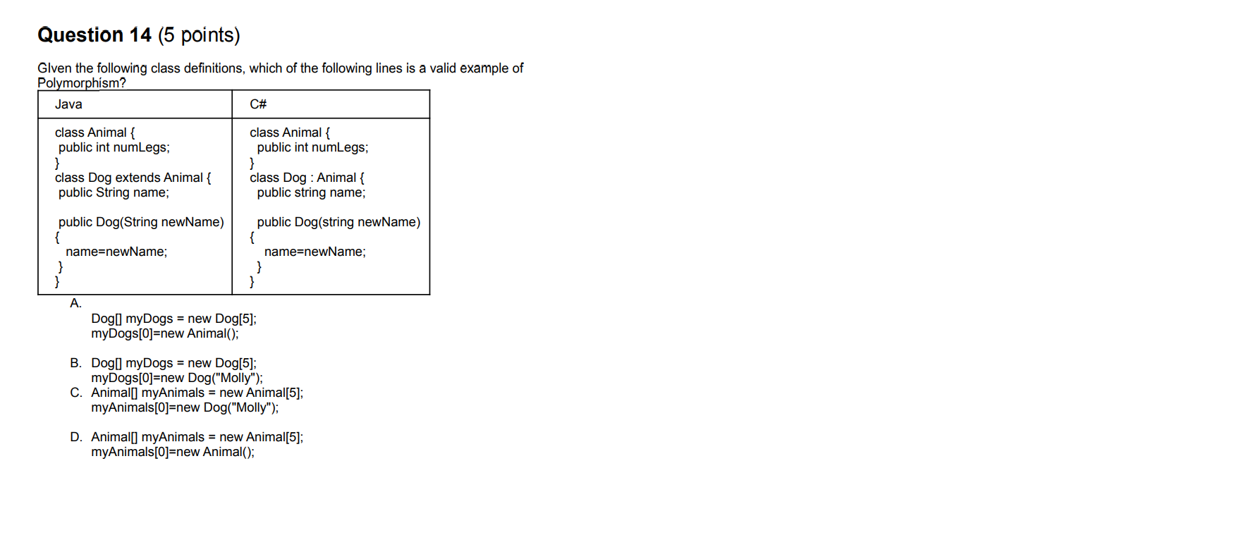 Question 14 5 Points Glven The Following Class Definitions Which Of The Following Lines Is A Valid Example Of Polymor 1