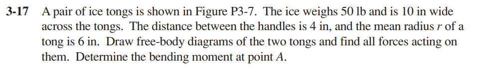 3 17 A Pair Of Ice Tongs Is Shown In Figure P3 7 The Ice Weighs 50 Lb And Is 10 In Wide Across The Tongs The Distance 1