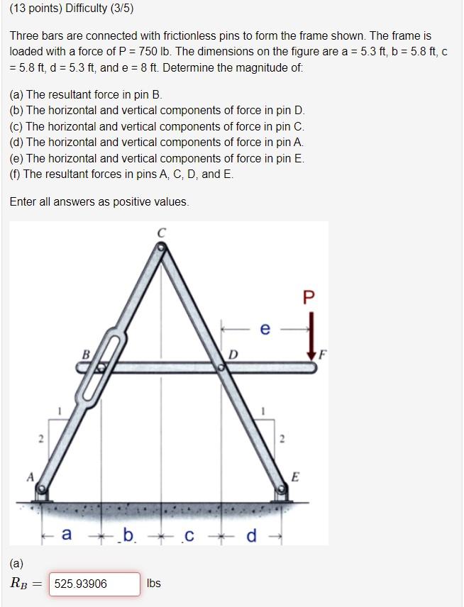 13 Points Difficulty 3 5 Three Bars Are Connected With Frictionless Pins To Form The Frame Shown The Frame Is Loade 1