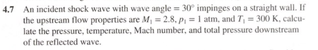 4 7 An Incident Shock Wave With Wave Angle 30 Impinges On A Straight Wall If The Upstream Flow Properties Are M 2 1