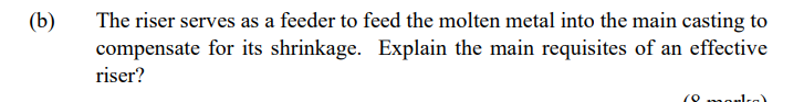 B The Riser Serves As A Feeder To Feed The Molten Metal Into The Main Casting To Compensate For Its Shrinkage Explain 1