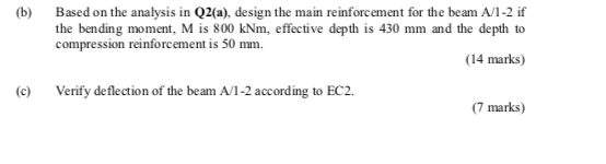 B Based On The Analysis In Q2 A Design The Main Reinforcement For The Beam A 1 2 If The Bending Moment M Is 800 Knm 1