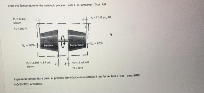 Enter The Temperature For The Isentropic Process State 4 In Fahrenheit T4s Air P 40 Psi Steam T1 800 F Turbine 1 1