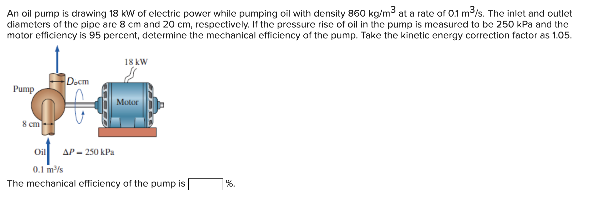 An Oil Pump Is Drawing 18 Kw Of Electric Power While Pumping Oil With Density 860 Kg M At A Rate Of 0 1 M S The Inlet 1
