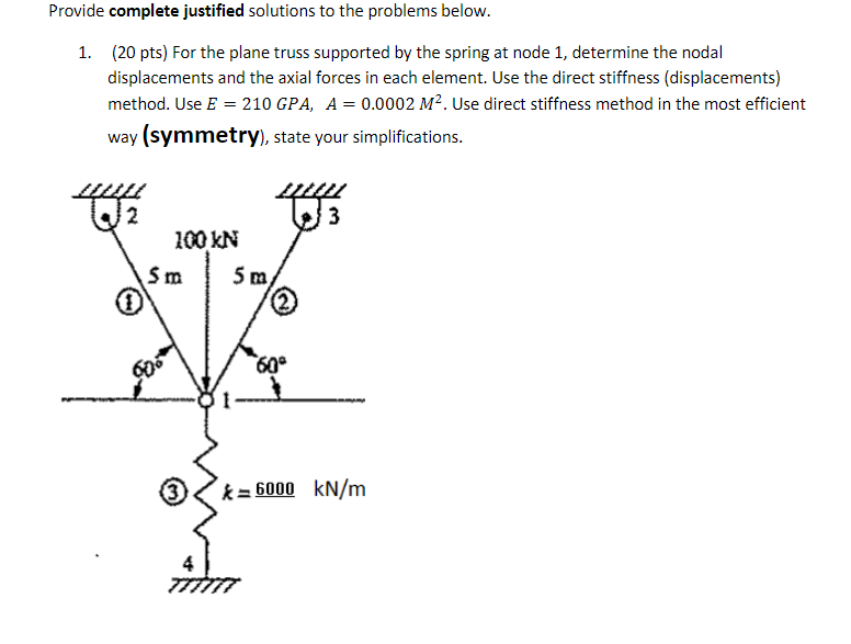 Provide Complete Justified Solutions To The Problems Below 1 20 Pts For The Plane Truss Supported By The Spring At N 1