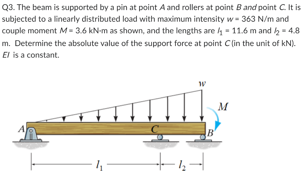 Q3 The Beam Is Supported By A Pin At Point A And Rollers At Point B And Point C It Is Subjected To A Linearly Distribu 1