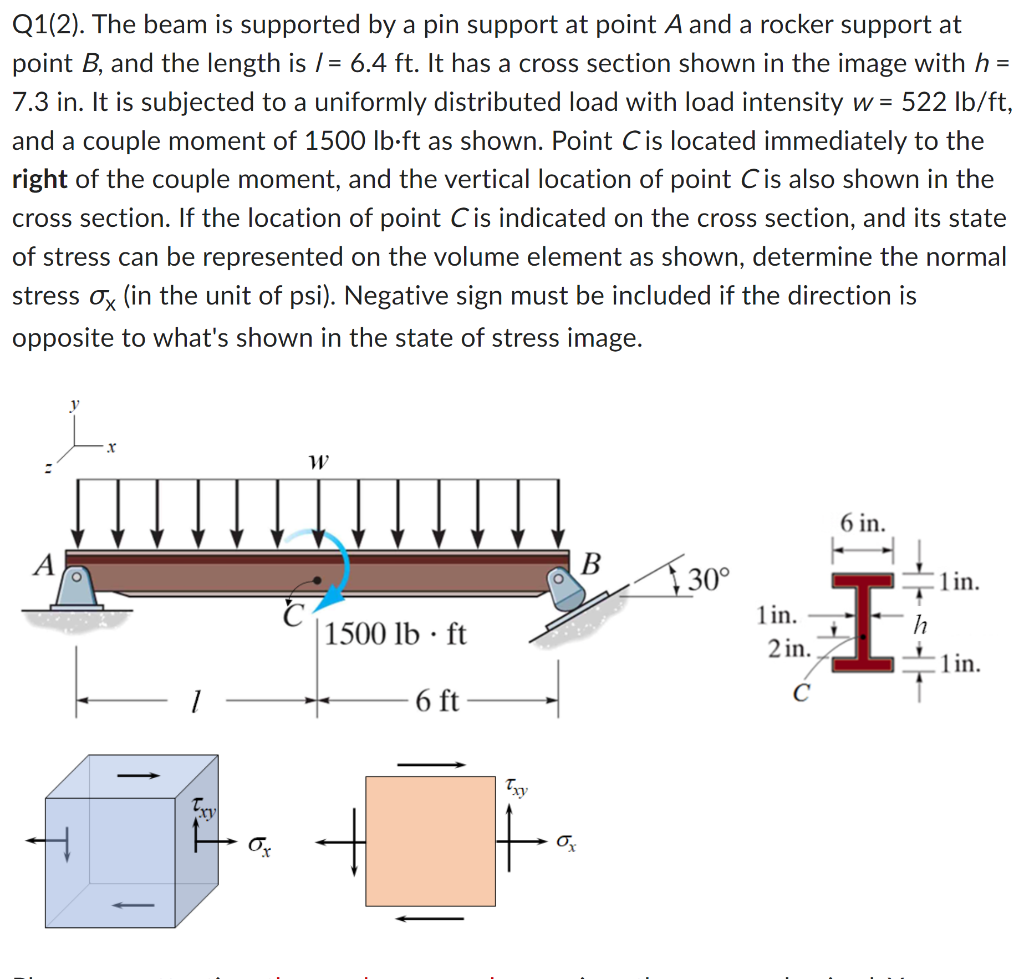 Q1 2 The Beam Is Supported By A Pin Support At Point A And A Rocker Support At Point B And The Length Is 6 4 Ft I 1