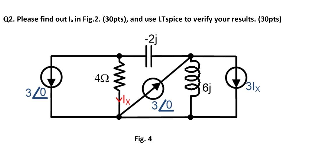 Q2 Please Find Out Ix In Fig 2 30pts And Use Ltspice To Verify Your Results 30pts 2j 492 3 0 31x 6j 3 0 Fig 4 1