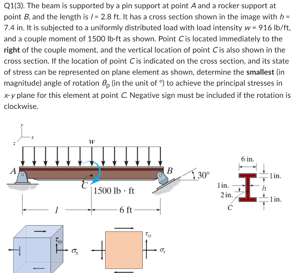 Q1 3 The Beam Is Supported By A Pin Support At Point A And A Rocker Support At Point B And The Length Is 2 8 Ft I 1