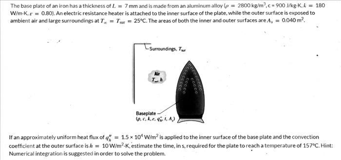 The Base Plate Of An Iron Has A Thickness Of L 7 Mm And Is Made From An Aluminum Alloy P 2800 Kg M C 900 J Kg K 1