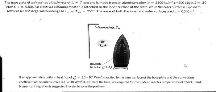 The Base Plate Of An Iron Has A Thickness Of L 7 Mm And Is Made From An Aluminum Alloy P 2800 Kg M C 900 J Kg K 1