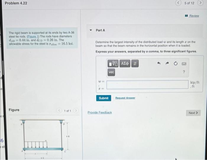 6 Problem 4 22 The Rigid Beam Is Supported At Its Ends By Two A 36 Steel Tie Rods Eigure 1 The Rods Have Diameters D 1