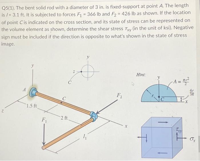 Q5 1 The Bent Solid Rod With A Diameter Of 3 In Is Fixed Support At Point A The Length Is 3 1 Ft It Is Subjected 1