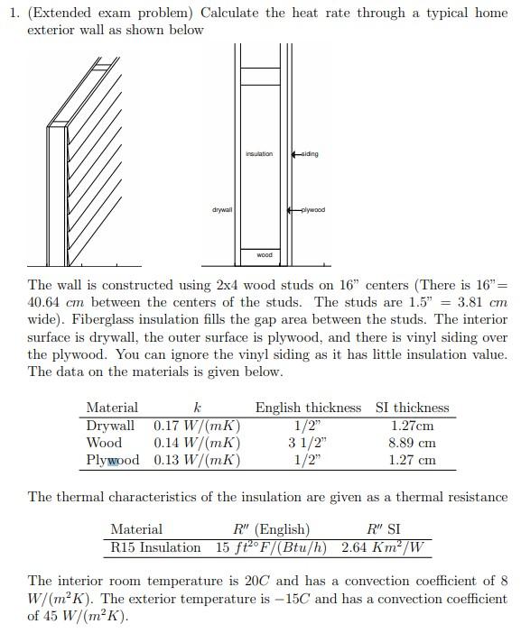 1 Extended Exam Problem Calculate The Heat Rate Through A Typical Home Exterior Wall As Shown Below Drywall Insulatio 1