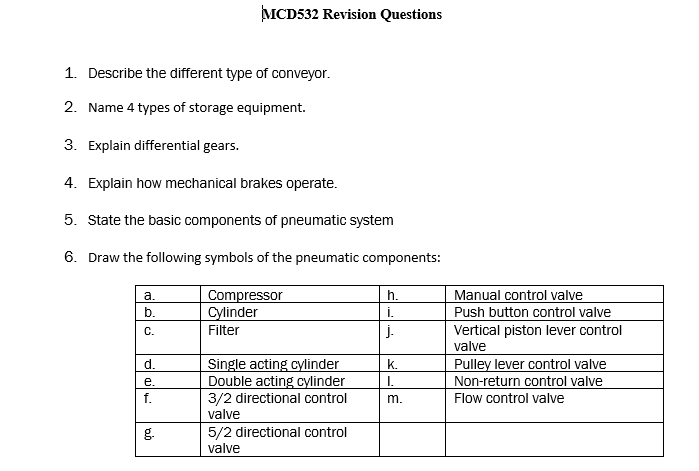 1 Describe The Different Type Of Conveyor 2 Name 4 Types Of Storage Equipment 3 Explain Differential Gears 4 Expl 1