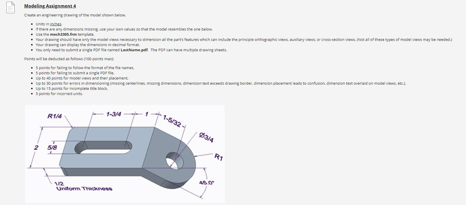 Modeling Assignment 4 Create An Engineering Drawing Of The Model Shown Below Units In Inches If There Are Any Dime 1