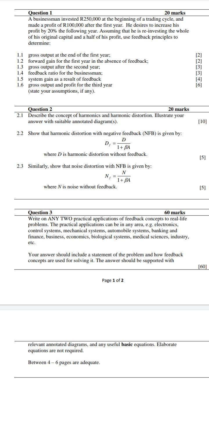 Question 1 20 Marks A Businessman Invested R250 000 At The Beginning Of A Trading Cycle And Made A Profit Of R100 000 A 1