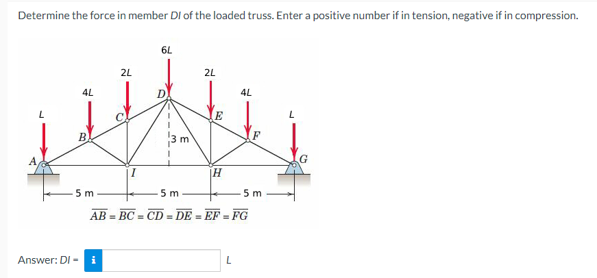 Determine The Force In Member Di Of The Loaded Truss Enter A Positive Number If In Tension Negative If In Compression 1