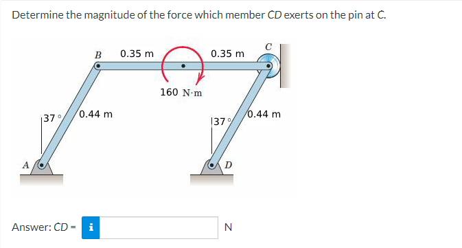 Determine The Magnitude Of The Force Which Member Cd Exerts On The Pin At C A 37 B 0 35 M 0 44 M Answer Cd I 160 N 1