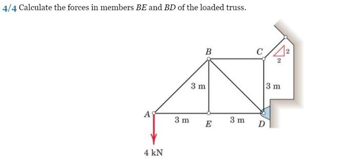 4 4 Calculate The Forces In Members Be And Bd Of The Loaded Truss A 4 Kn 3 M B 3 M E 3 M C D 3 M 1