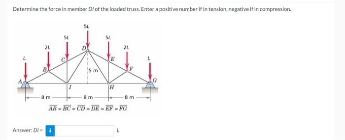Determine The Force In Member Di Of The Loaded Truss Enter A Positive Number If In Tension Negative If In Compression 1