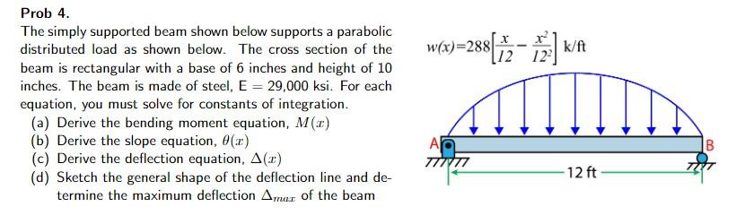 Prob 4 The Simply Supported Beam Shown Below Supports A Parabolic Distributed Load As Shown Below The Cross Section Of 1