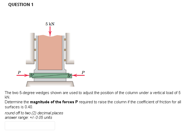 Question 1 0 O 5 Kn The Two 5 Degree Wedges Shown Are Used To Adjust The Position Of The Column Under A Vertical Load Of 1