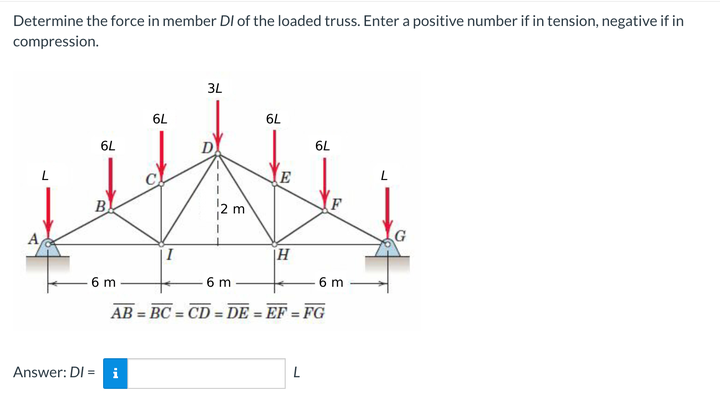 Determine The Force In Member Di Of The Loaded Truss Enter A Positive Number If In Tension Negative If In Compression 1