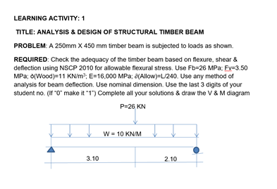 Learning Activity 1 Title Analysis Design Of Structural Timber Beam Problem A 250mm X 450 Mm Timber Beam Is Subject 1