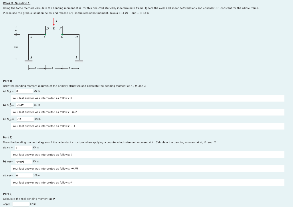Week 5 Question 1 Using The Force Method Calculate The Bending Moment At D For This One Fold Statically Indeterminate 1