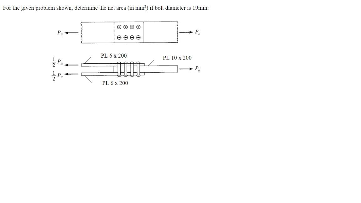 For The Given Problem Shown Determine The Net Area In Mm If Bolt Diameter Is 19mm 7 2 Pu P Pl 6 X 200 P 1