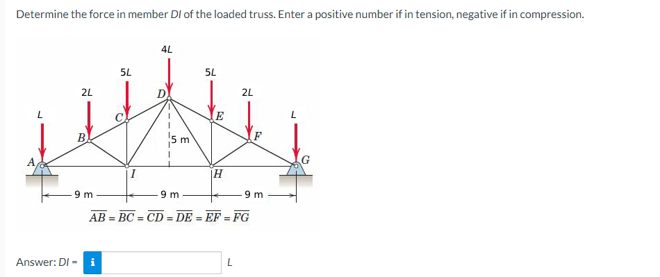 Determine The Force In Member Di Of The Loaded Truss Enter A Positive Number If In Tension Negative If In Compression 1