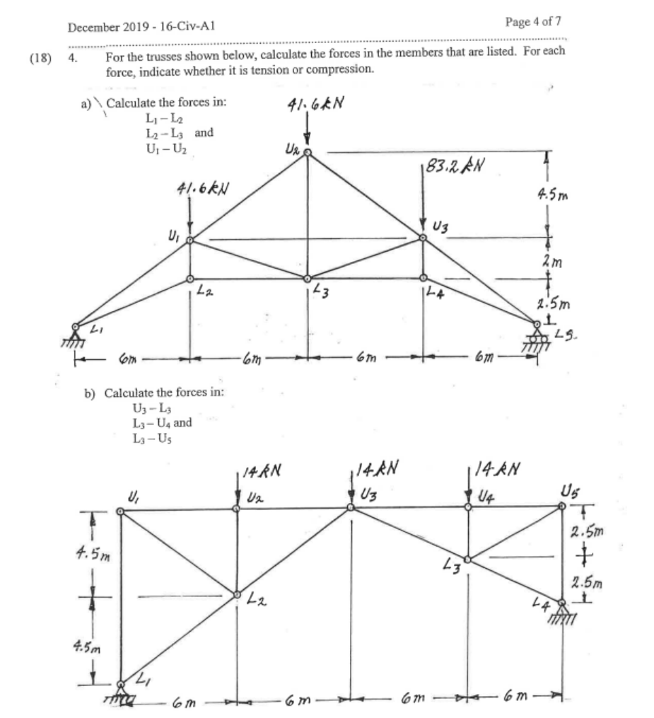 18 December 2019 16 Civ Al 4 A Li Page 4 Of 7 For The Trusses Shown Below Calculate The Forces In The Members That 1