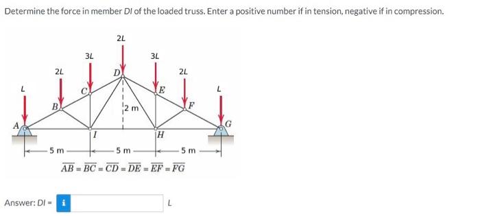 Determine The Force In Member Di Of The Loaded Truss Enter A Positive Number If In Tension Negative If In Compression 1