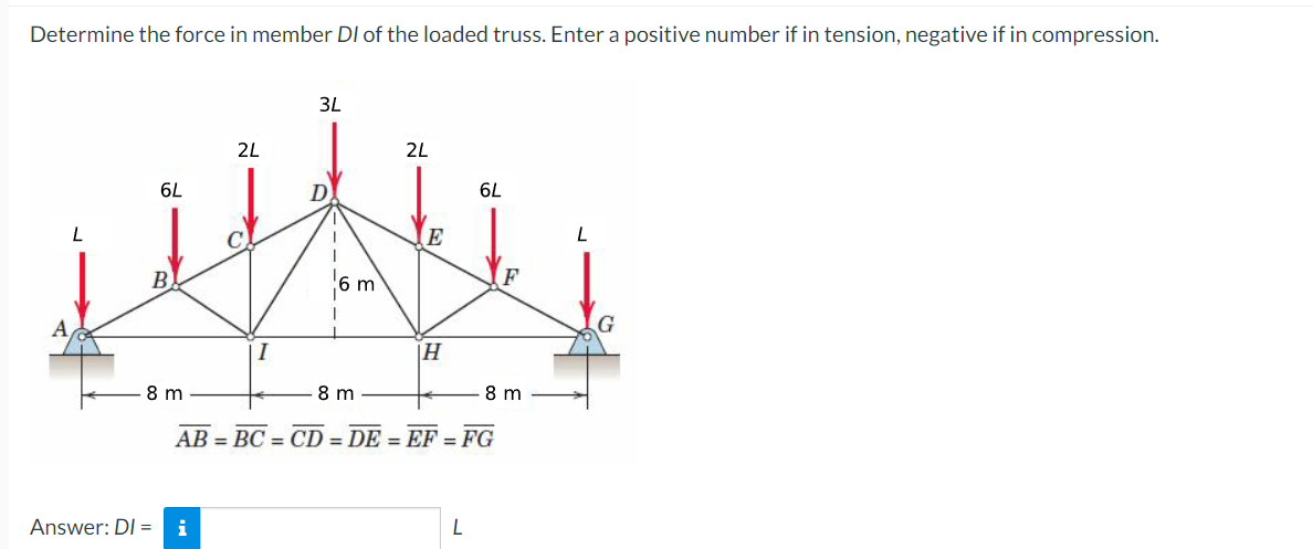 Determine The Force In Member Di Of The Loaded Truss Enter A Positive Number If In Tension Negative If In Compression 1