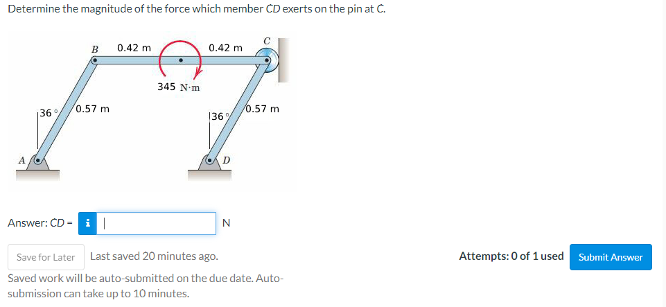 Determine The Magnitude Of The Force Which Member Cd Exerts On The Pin At C 36 B 0 57 M Answer Cd I 0 42 M 345 N M 1